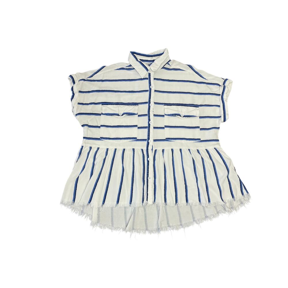 White Birch Stripped Oversized Boxy Fit Frayed Peplum Hem Button Up Shirt Small
